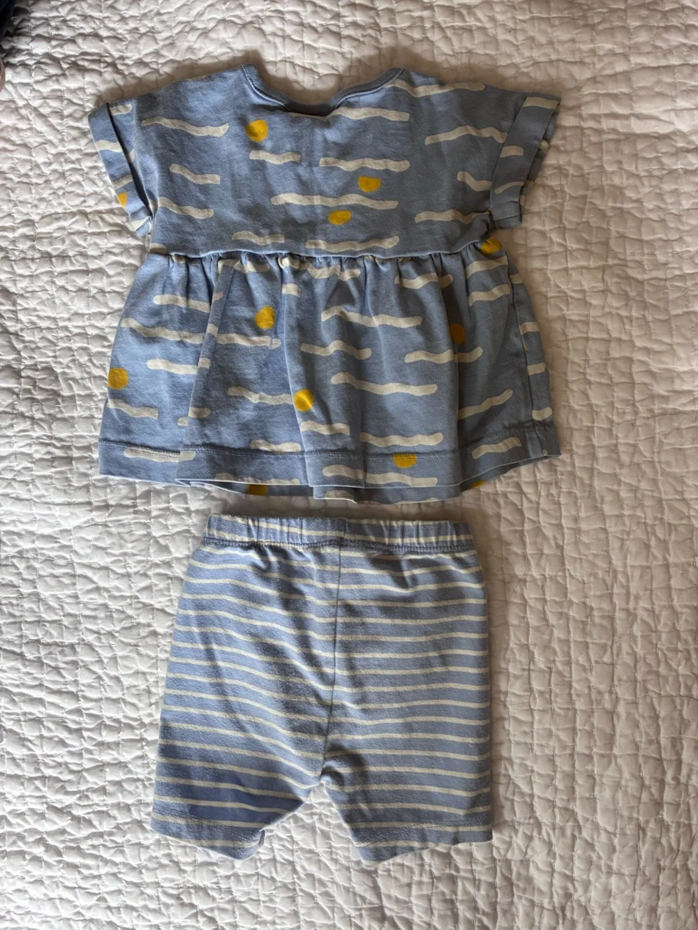 Hanna Andersson Light Blue top and shorts with Yellow Dot & White Wave Print